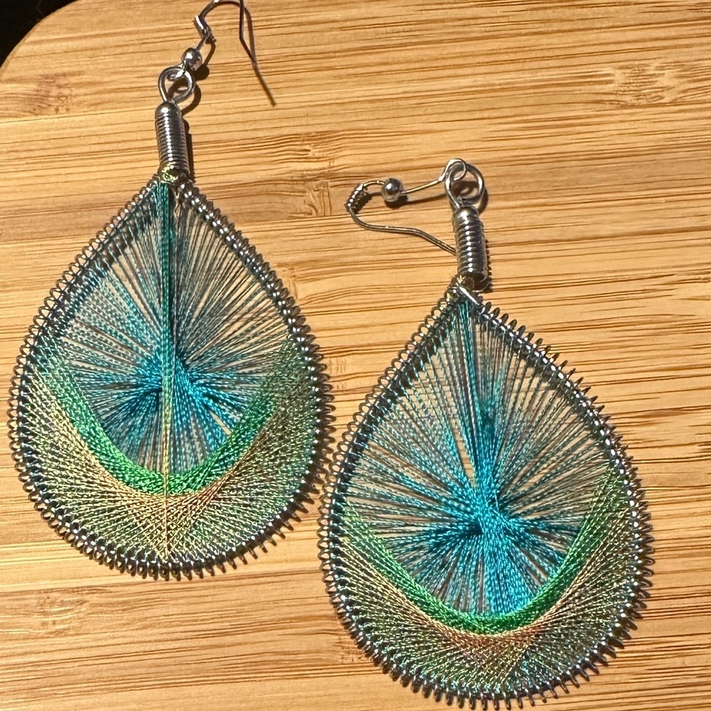 Large Silk Teardrop Large Turquoise Green Brown Boho Lightweight Earrings